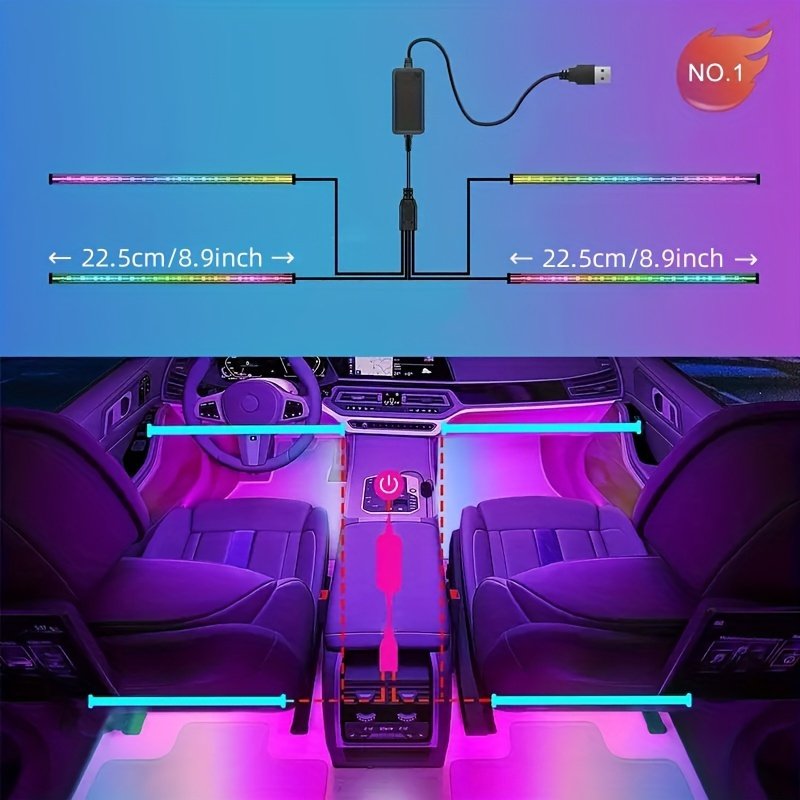 Ensemble De 4 LumiÃ¨res LED Pour Voiture, 48 LumiÃ¨res IntÃ©rieures Avec Barres Lumineuses ContrÃ´lÃ©es Par Une Application Intelligente, Ã‰clairage Multicolore Sous Le Tableau De Bord, DÃ©coration Pour La Saint-Valentin dÃ©tails 0