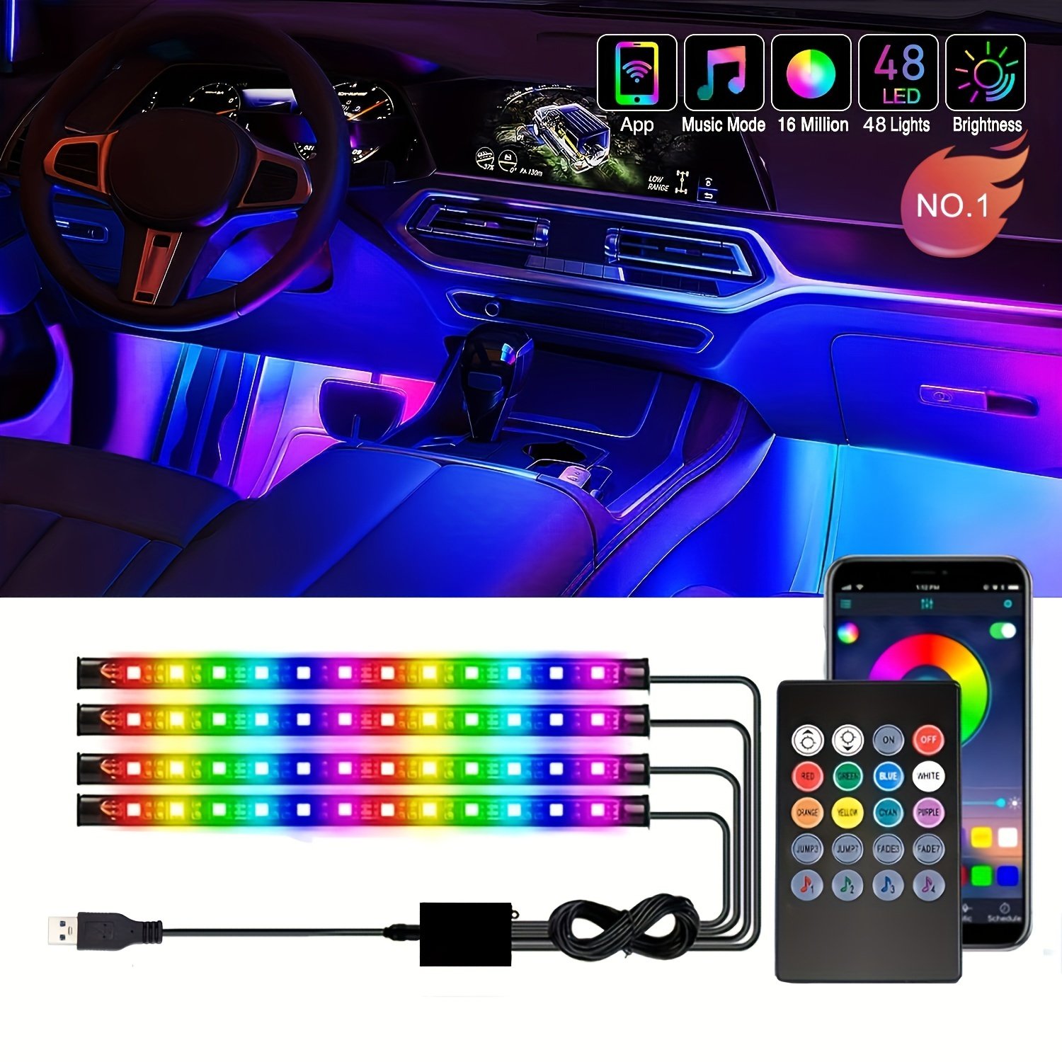 Ensemble De 4 LumiÃ¨res LED Pour Voiture, 48 LumiÃ¨res IntÃ©rieures Avec Barres Lumineuses ContrÃ´lÃ©es Par Une Application Intelligente, Ã‰clairage Multicolore Sous Le Tableau De Bord, DÃ©coration Pour La Saint-Valentin dÃ©tails 2