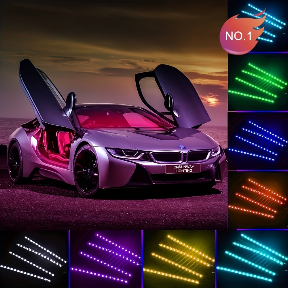 Ensemble De 4 LumiÃ¨res LED Pour Voiture, 48 LumiÃ¨res IntÃ©rieures Avec Barres Lumineuses ContrÃ´lÃ©es Par Une Application Intelligente, Ã‰clairage Multicolore Sous Le Tableau De Bord, DÃ©coration Pour La Saint-Valentin dÃ©tails 4