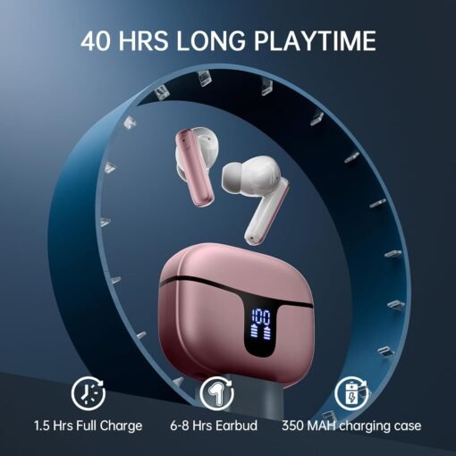 Renimer Wireless Bluetooth Headphones, Bluetooth 5.3 Earphones with 4ENC Noise Cancelling Mics, 40 Hours HiFi Stereo Earphone, IP7 Waterproof Wireless Headset, with LED/USB-C Display, Pink Gold – Image 3