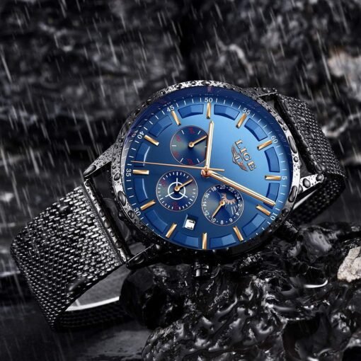 LIGE Men Watches Fashion Black Stainless Steel Waterproof Chronograph Quartz Analog Watch for Man Business Dress Watch – Image 2