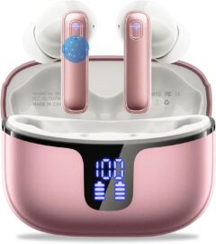 Renimer Wireless Bluetooth Headphones, Bluetooth 5.3 Earphones with 4ENC Noise Cancelling Mics, 40 Hours HiFi Stereo Earphone, IP7 Waterproof Wireless Headset, with LED/USB-C Display, Pink Gold
