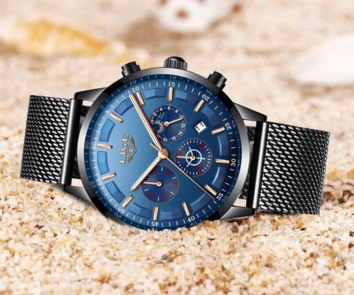 LIGE Men Watches Fashion Black Stainless Steel Waterproof Chronograph Quartz Analog Watch for Man Business Dress Watch – Image 4