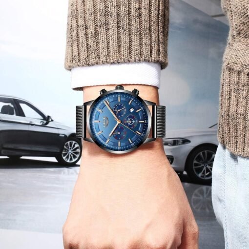 LIGE Men Watches Fashion Black Stainless Steel Waterproof Chronograph Quartz Analog Watch for Man Business Dress Watch – Image 7