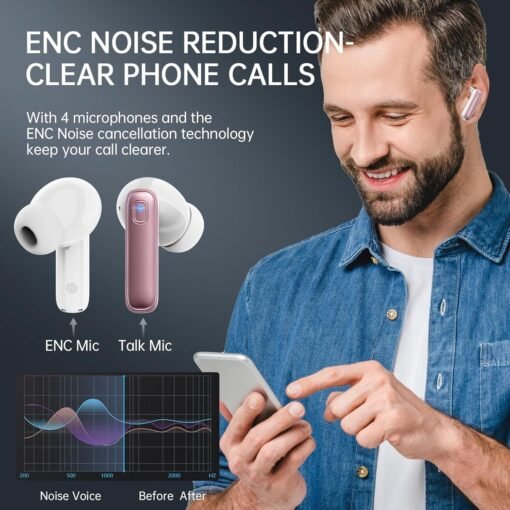 Renimer Wireless Bluetooth Headphones, Bluetooth 5.3 Earphones with 4ENC Noise Cancelling Mics, 40 Hours HiFi Stereo Earphone, IP7 Waterproof Wireless Headset, with LED/USB-C Display, Pink Gold – Image 4